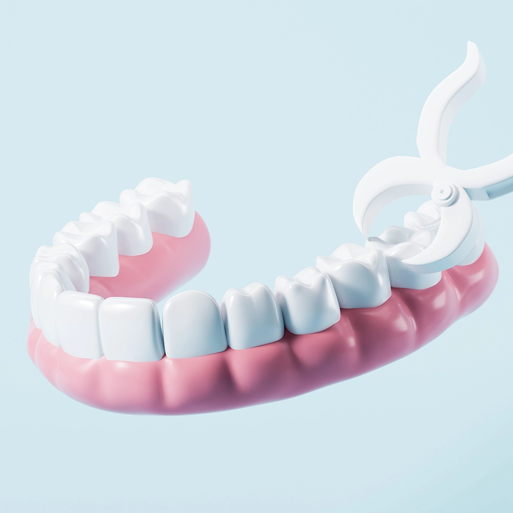 A 3D illustration depicting a set of upper teeth with dental extraction tools in action, emphasizing the precision and care involved in tooth extraction procedures.