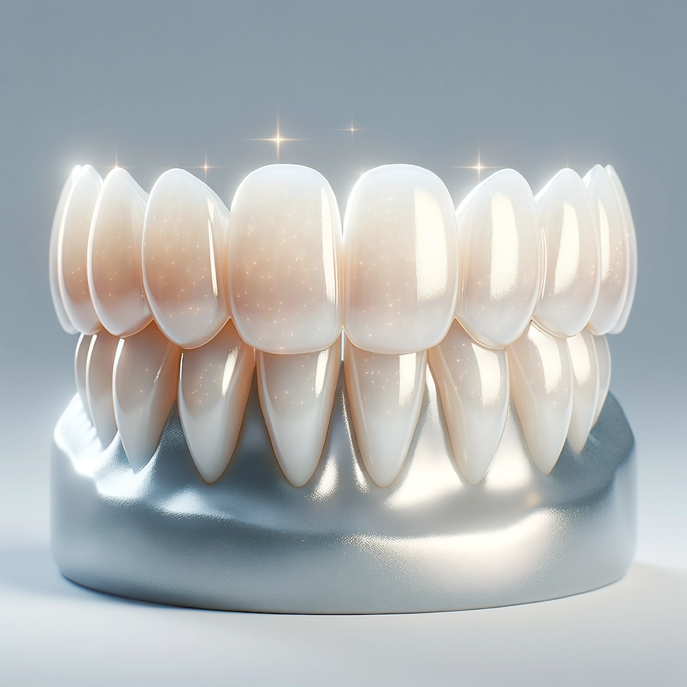 3D rendering of a perfectly aligned set of sparkling white teeth on a silver pedestal, illuminated to emphasize their flawless appearance and gleaming surface.