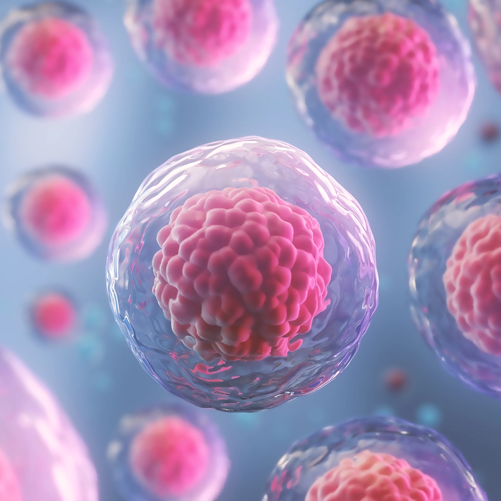 3D illustration of stem cells, depicted as translucent spheres with visible nuclei in varying shades of pink, suspended in a blue, ethereal background. 