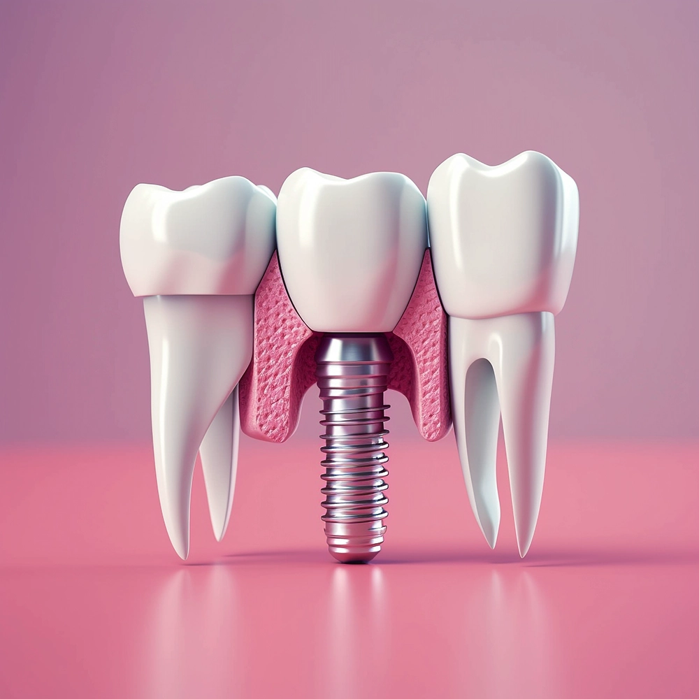 A 3D graphic comparison between natural teeth and dental implants, showing how implants mimic the look and function of real teeth. 