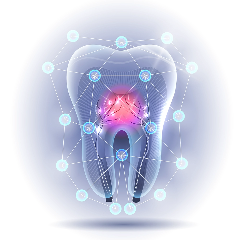 3D illustration of a tooth surrounded by a network of neural connections, illuminating different parts of the tooth in vibrant blue and pink hues, showcasing pain points.