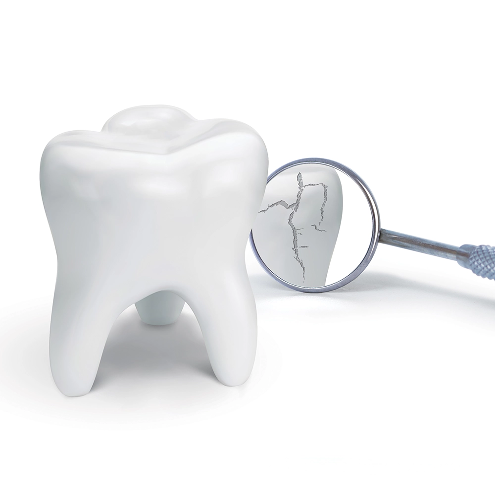 A detailed 3D illustration of a healthy white tooth with a magnifying glass focusing on its surface, symbolizing close examination and dental precision.