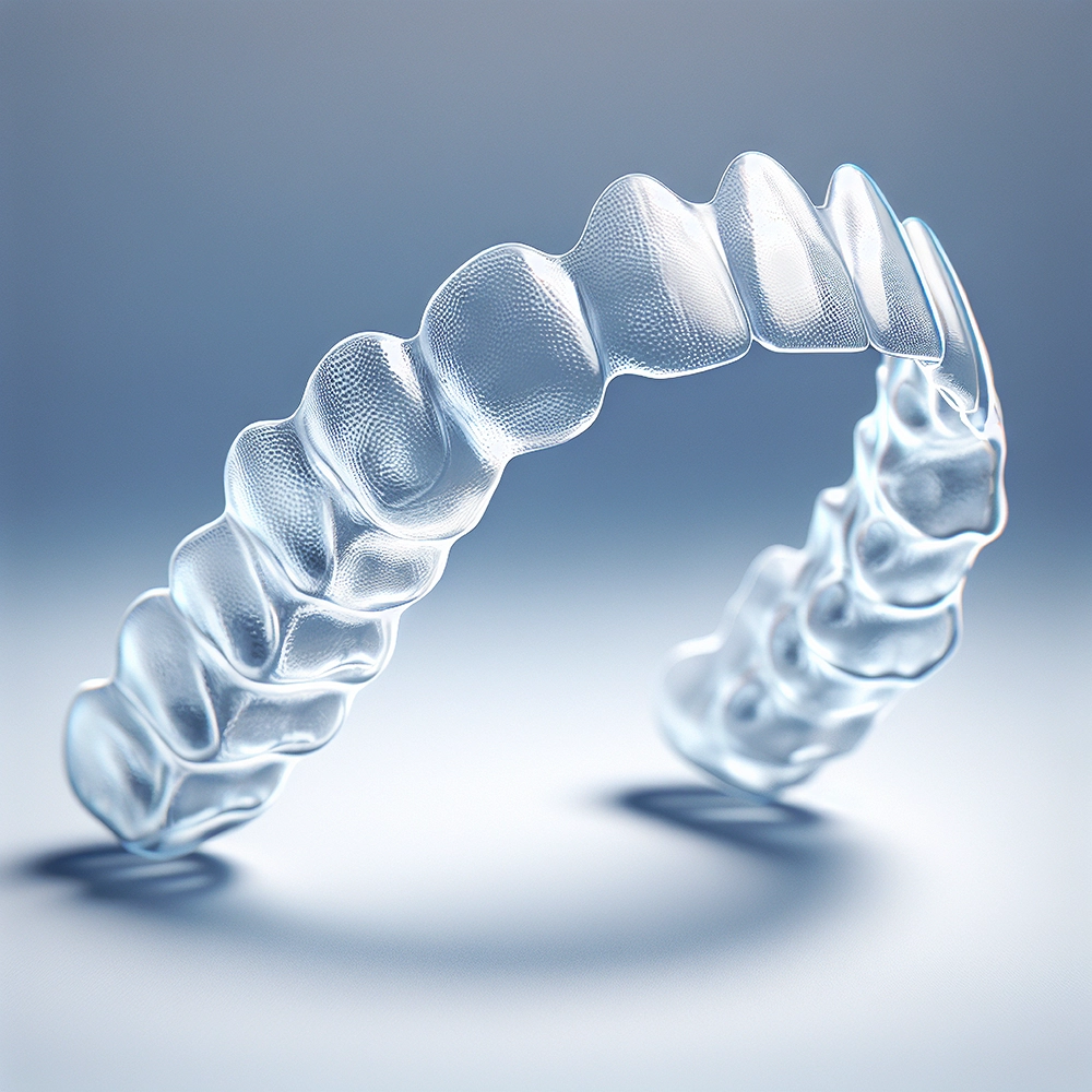 A 3D rendering of a single, clear Invisalign aligner floating against a neutral background. The aligner is detailed and showcases the sleek, nearly invisible design that helps in straightening teeth comfortably and effectively.